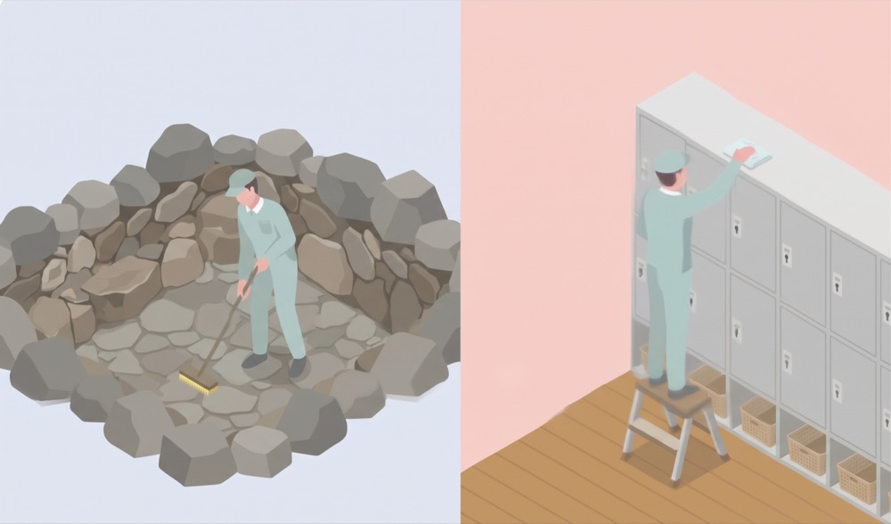 露天風呂の石組みの床と、ロッカーの上を清掃するスタッフのイラスト