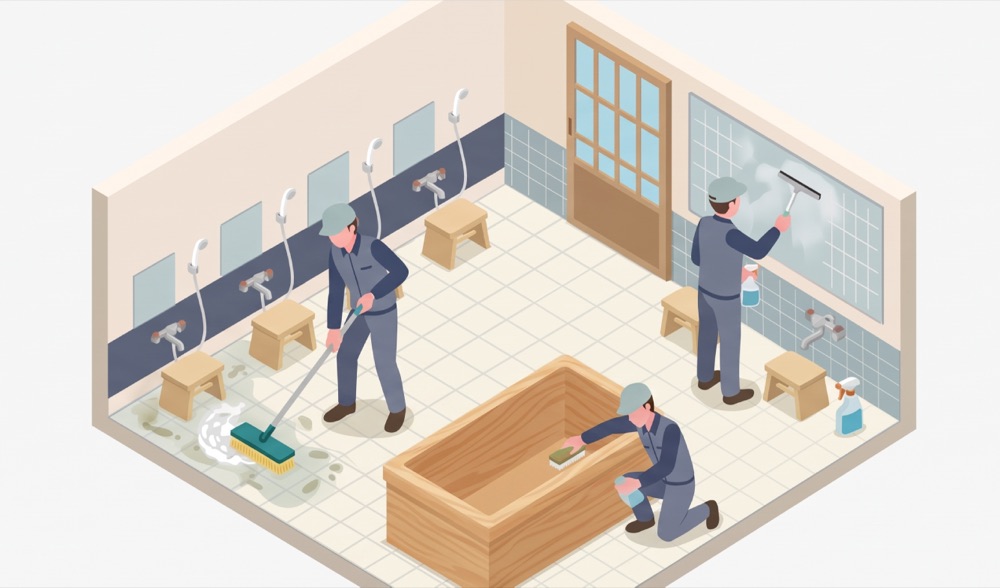浴場の床・鏡・浴槽をそれぞれ清掃するスタッフのイラスト