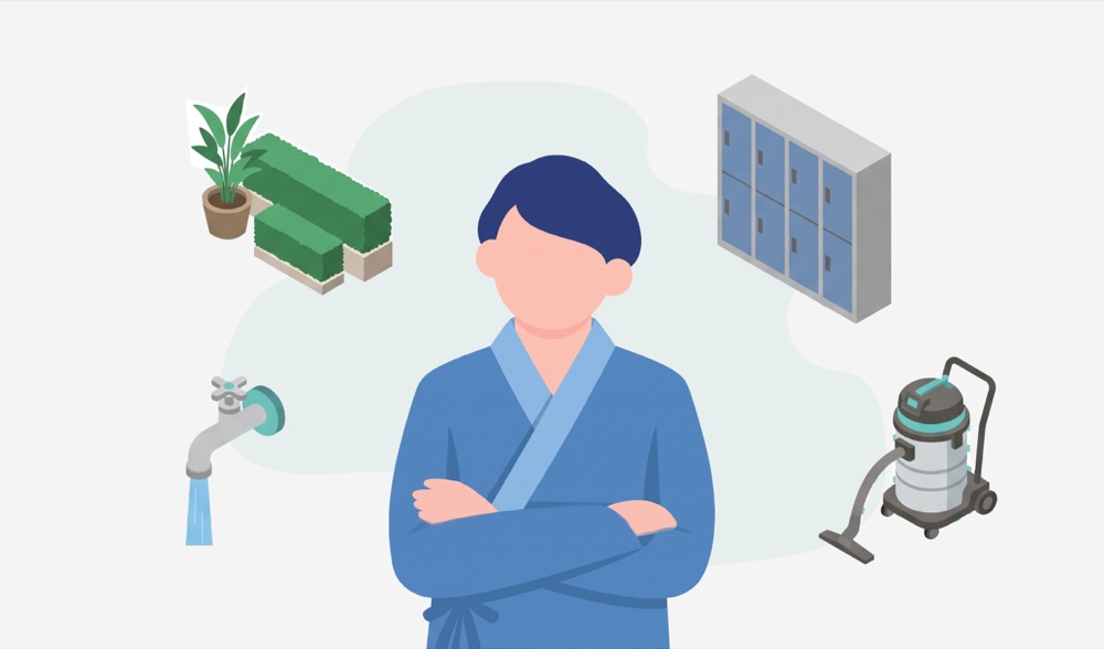 植栽・ロッカー・水まわり・清掃機器など、依頼する範囲を選べることを表すイラスト
