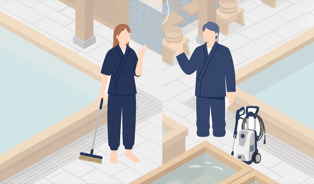 ほうきや高圧洗浄機を持つ清掃スタッフどうしが情報を共有するイラスト